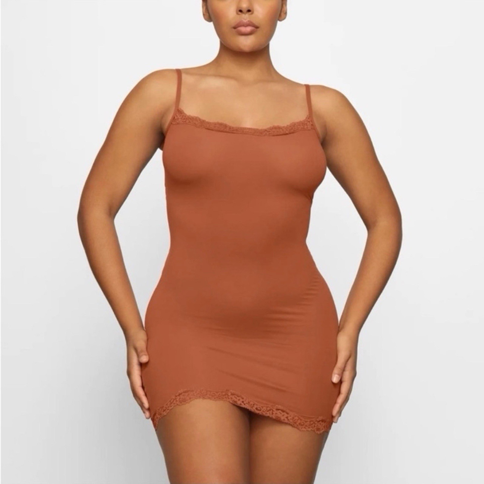 SKIMS Lace Trim Short Slim Dress NWT Bronze Size M