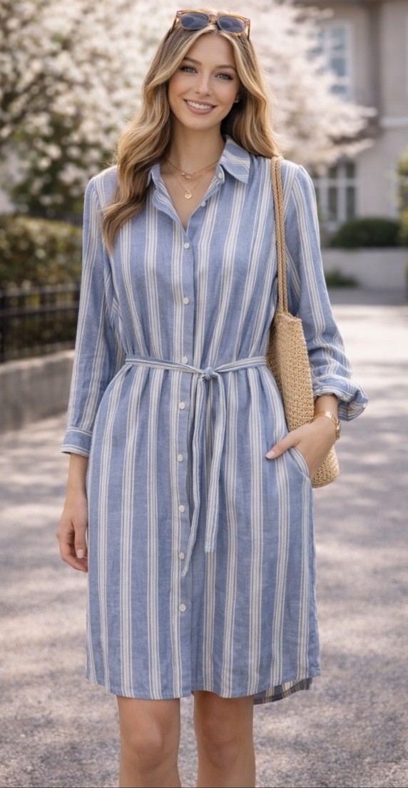 Caslon Linen Blend Shirt Dress M Blue Striped Pockets Belt Knee Length 43”L