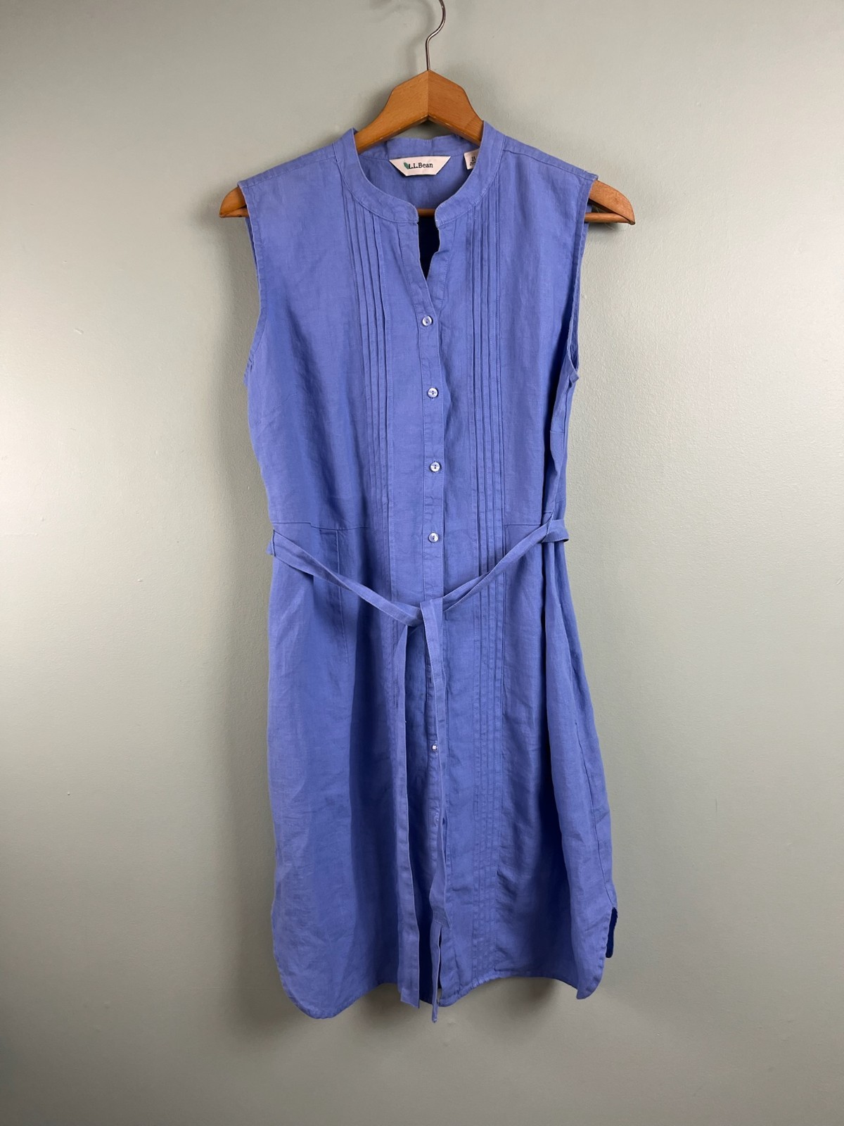 L.L. Bean Periwinkle Blue Pin Tucked Pleated Tie Waist Linen Dress 14P Belted