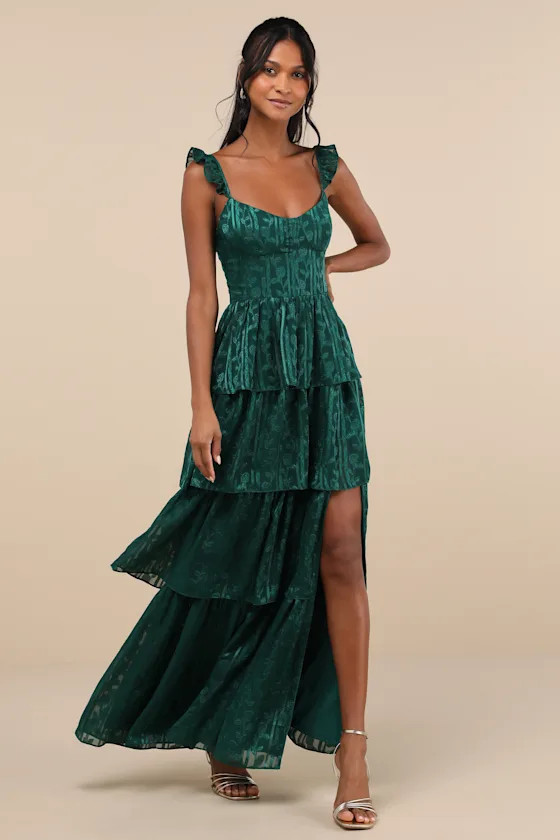 NWT – Lulu’s Hunter Green Floral Jacquard Tiered Maxi Dress Size S (2-4)