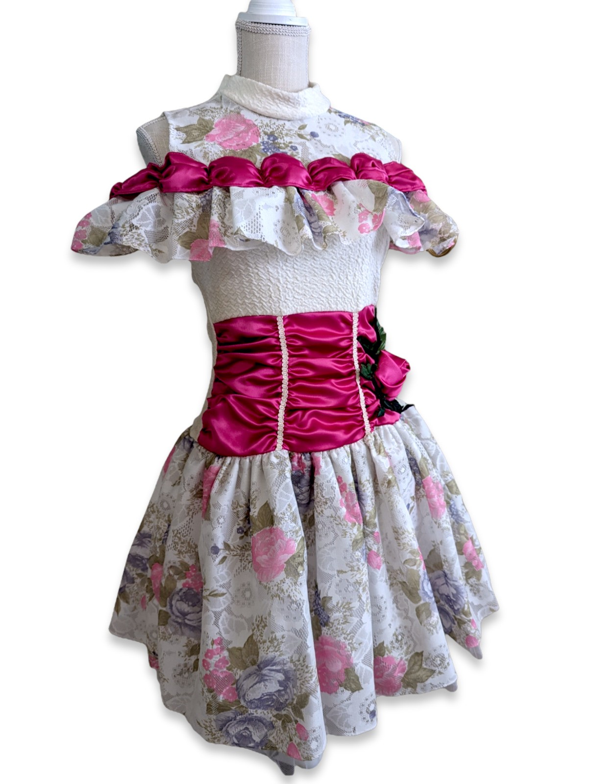 1980s Pink Dress with Drop Waist, Roses, Lace and Off Shoulder Ruffle Sleeves
