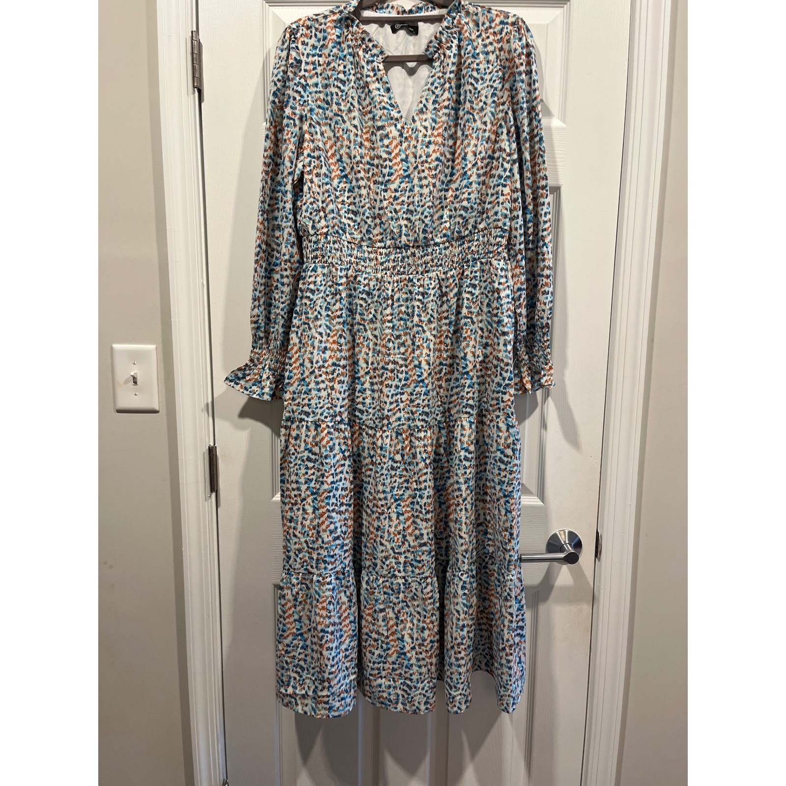 PrettyGarden Blue Orange Abstract Print Smocked Tiered Midi Dress Long Sleeve L