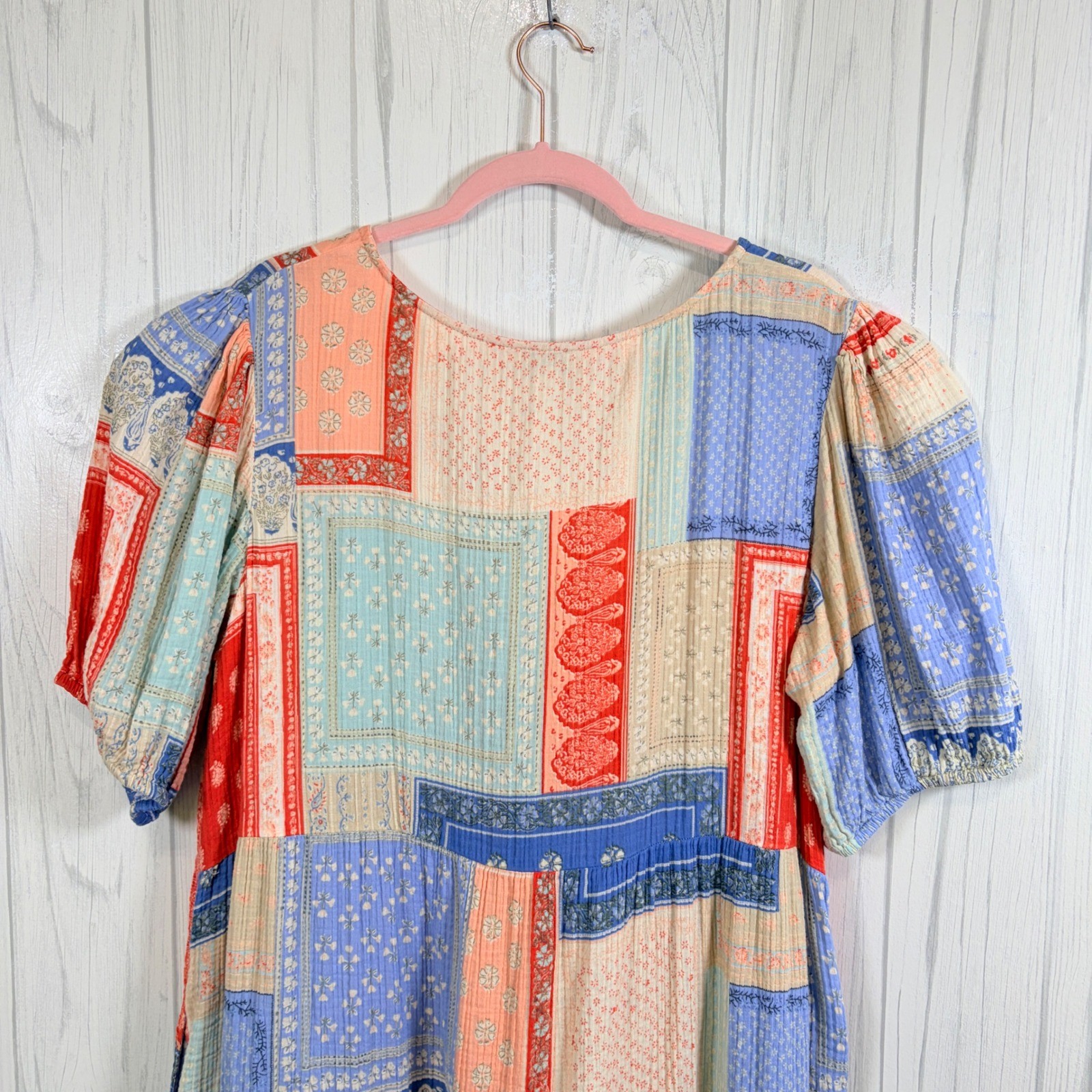 WONDERLY Boho Patchwork Print Cotton Gauze Button-Front Midi Shirt Dress, XL