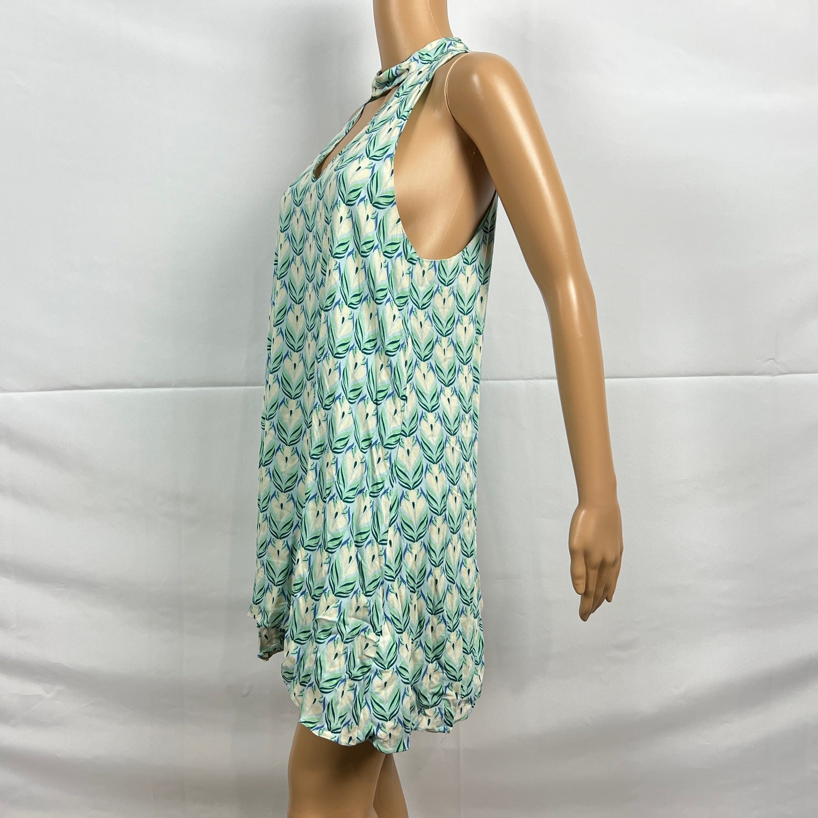 Olivaceous MEDIUM Green Print Cut Out Neck Back Short Trapeze Swing Dress