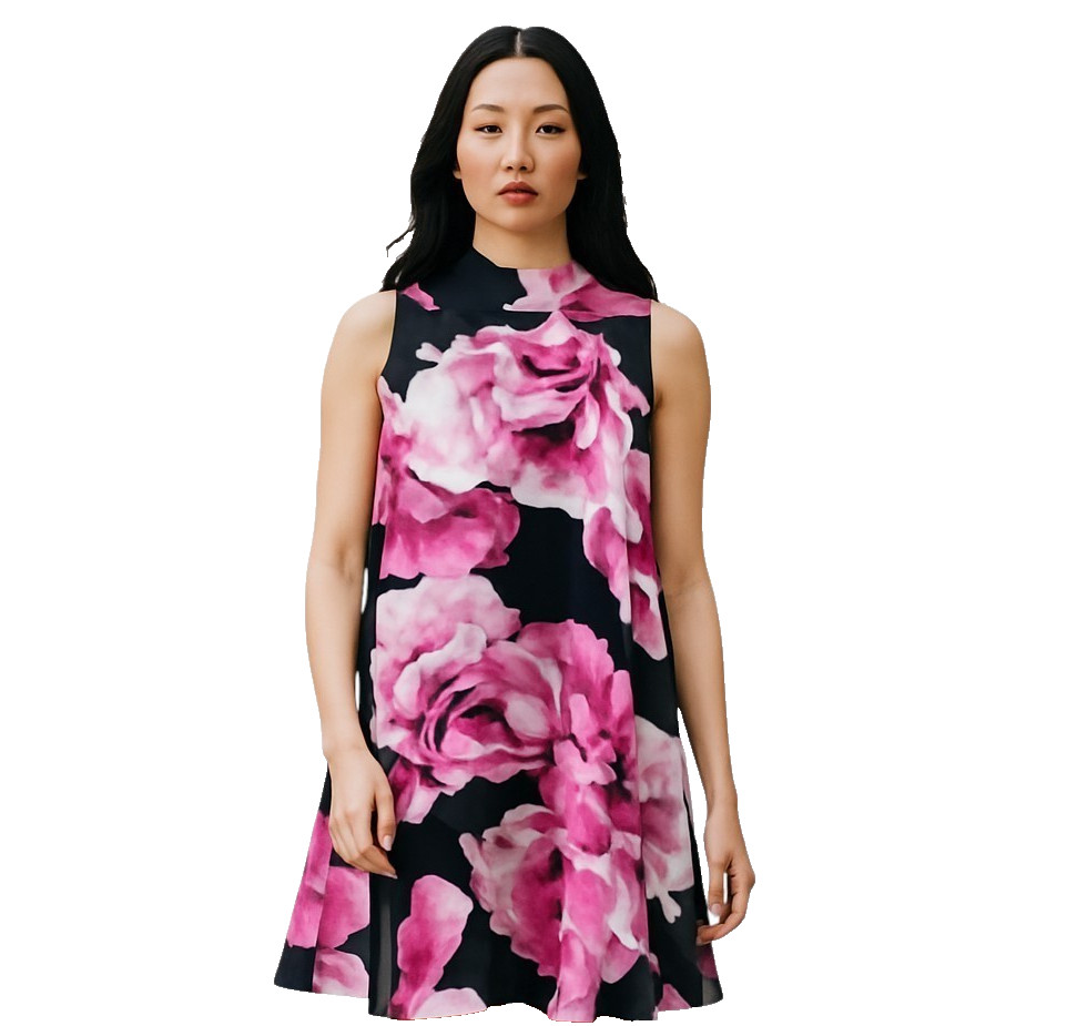 Eliza J Size 12 Multi-Colored Floral Chiffon Overlay Dress Back Zip Black Pink