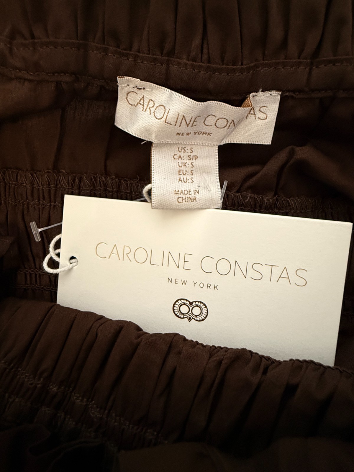 NWT Caroline Constas Brown Smocked Cotton Midi Dress Ruffle Straps S
