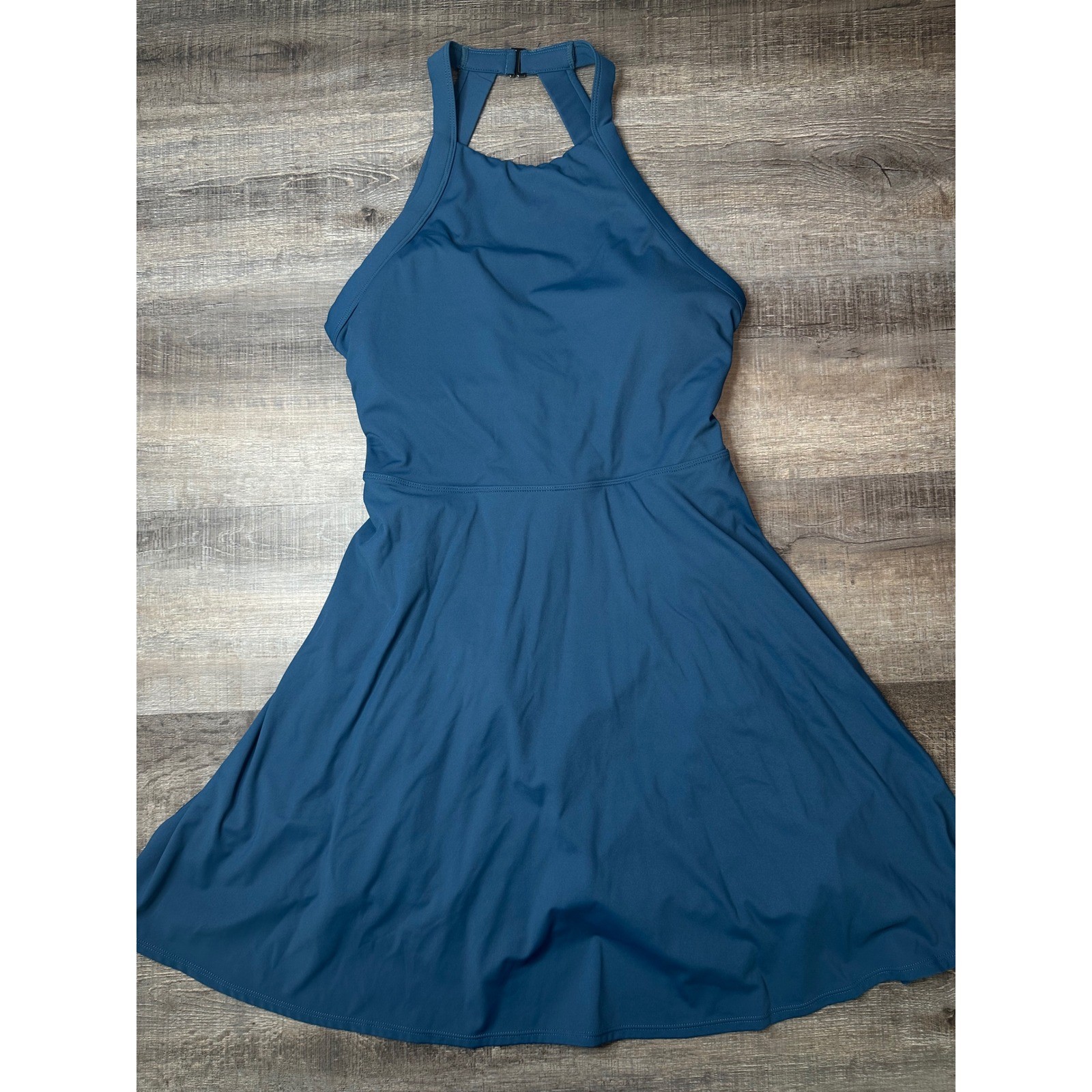 Halara Softlyzero Airy Exercise Dress Teal Blue Halter Twist Back Size M Long