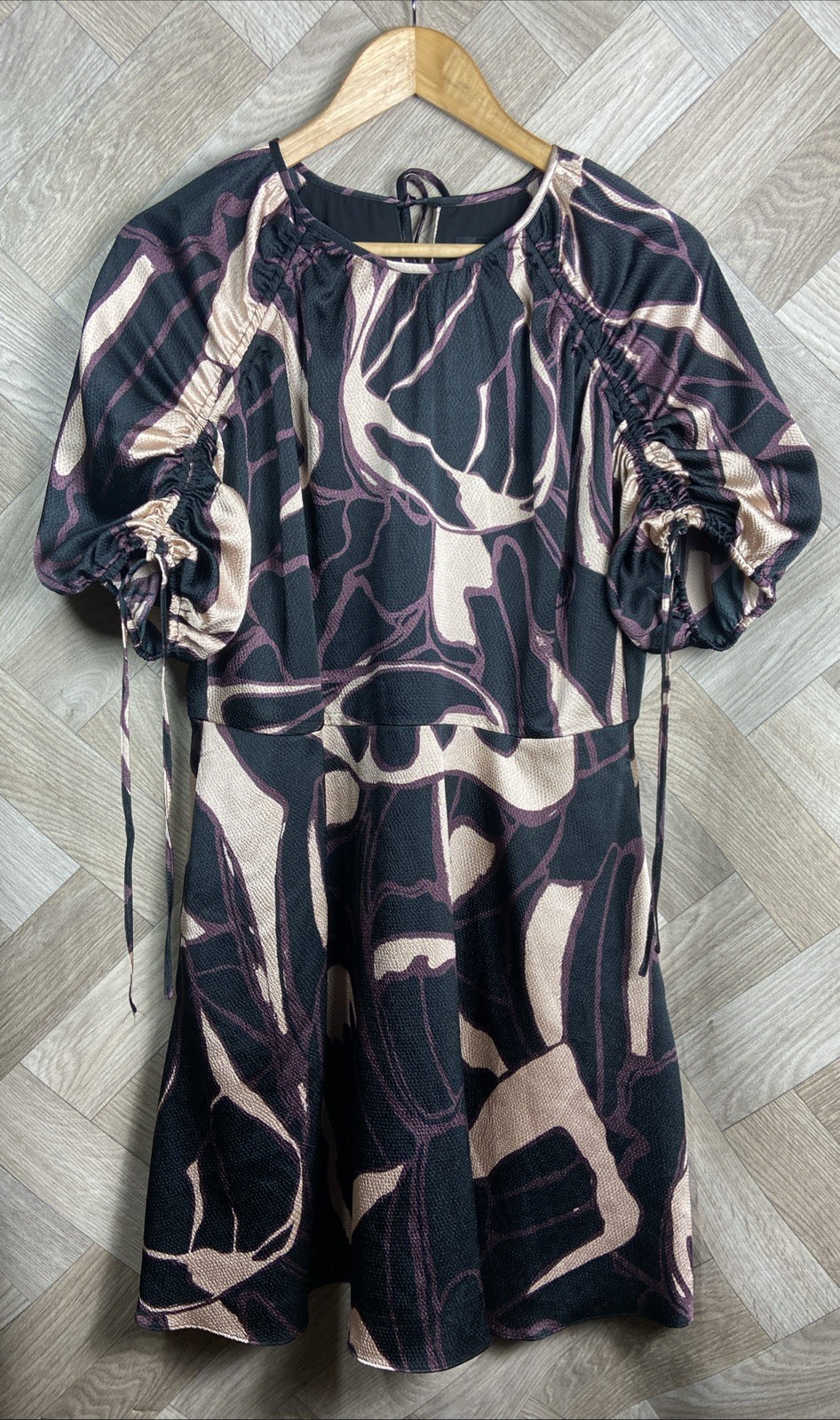 Ted Baker Purple/Black Print Puff Sleeve Fit & Flare Dress Size 4 UK 14