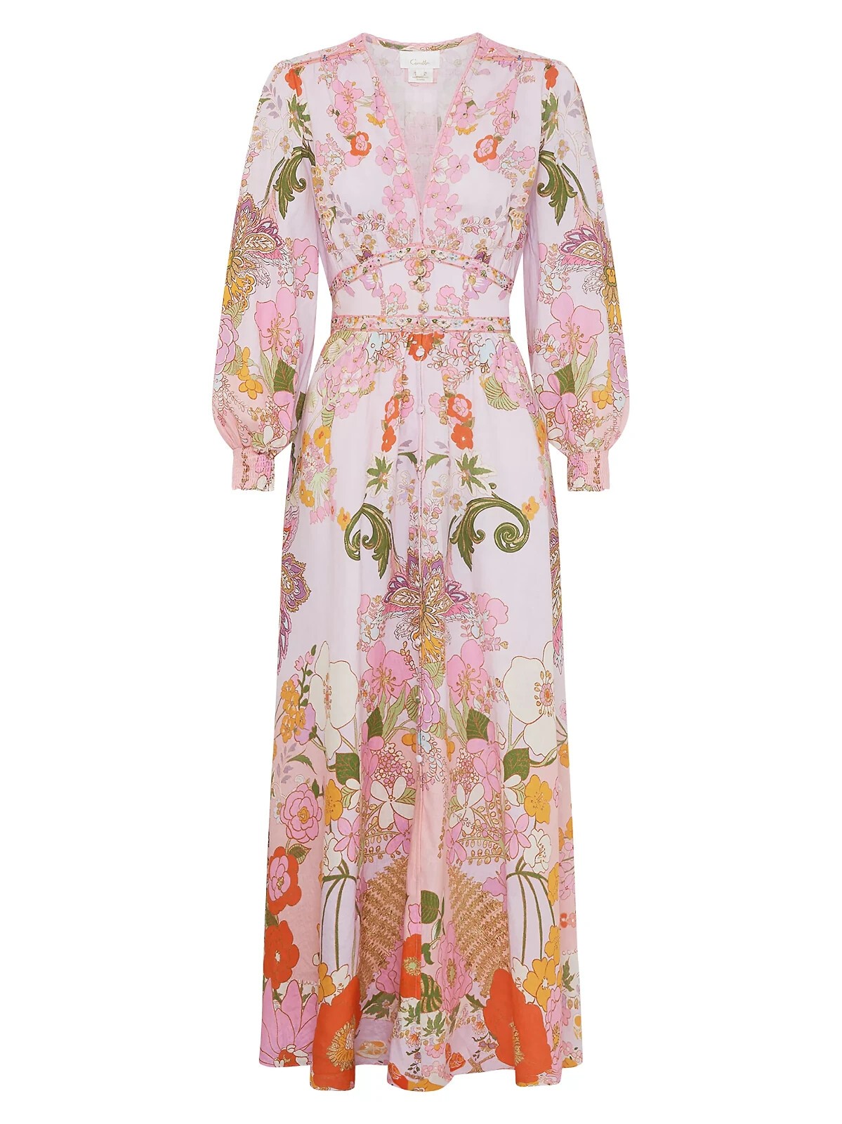 CAMILLA “Clever Clogs” Linen V-Neck Empire Waist Floral Smocked Maxi Dress, M