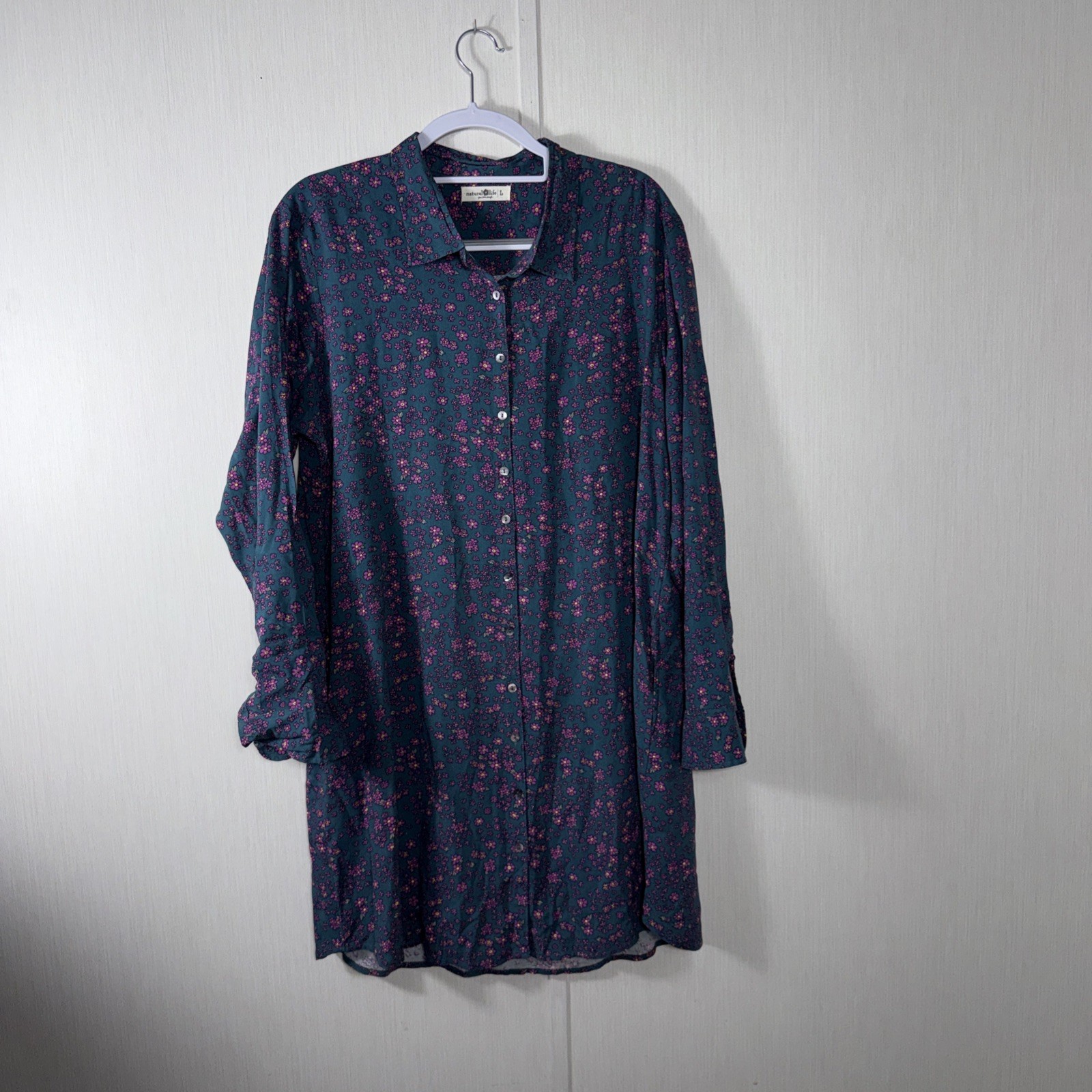 Natural Life Georgia Shirt Dress Button Up Blue Purple Floral Size L Lagenlook