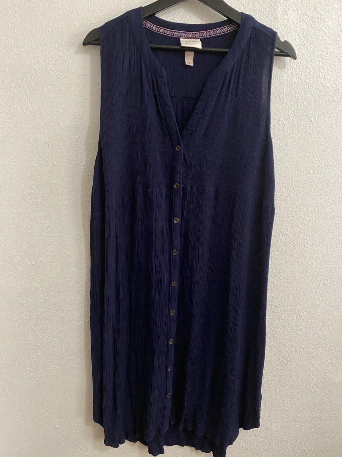 Knox Rose Crinkle Crepe Button Front Navy Blue Tank Dress L V-neck Excellent L31
