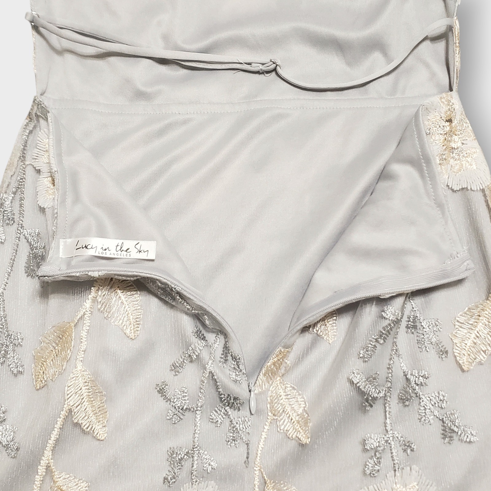 Lucy in the Sky Floral Embroidered Mesh Mini Dress Silver Grey Strappy Back S