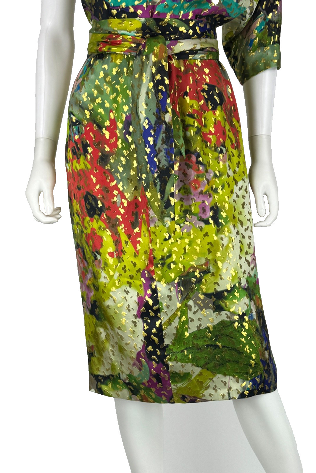 Naeem Khan One Shoulder Resort Midi Silk Dress 8 US 44 IT M Green Gold Belted