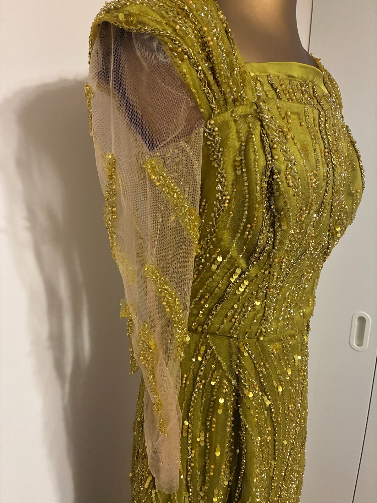 Olive Green Gold Beaded Sequin Evening Gown Sz M 6 Formal Maxi Dress Custom Made