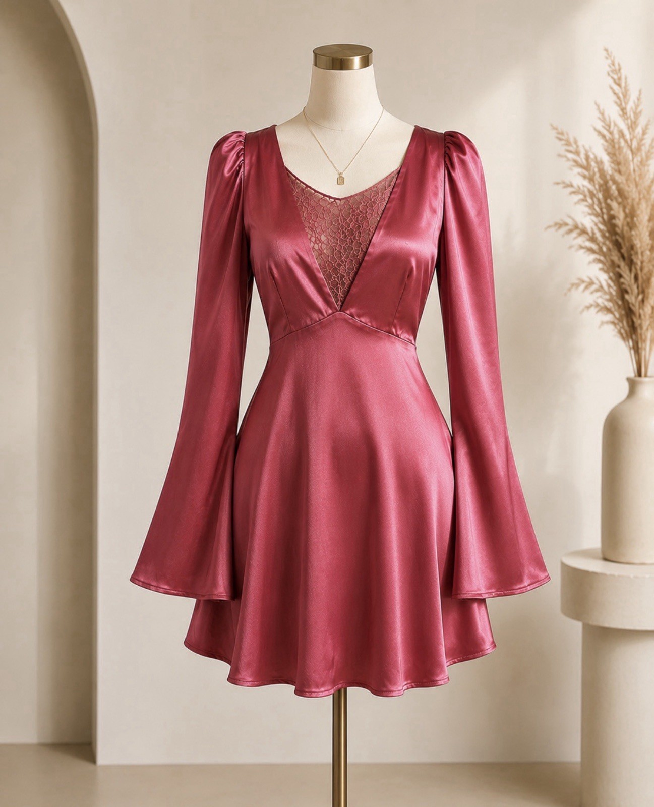 Lulus NWT Red Satin Lace Mini Dress XL Long Bell Sleeves Open Tie Back Party