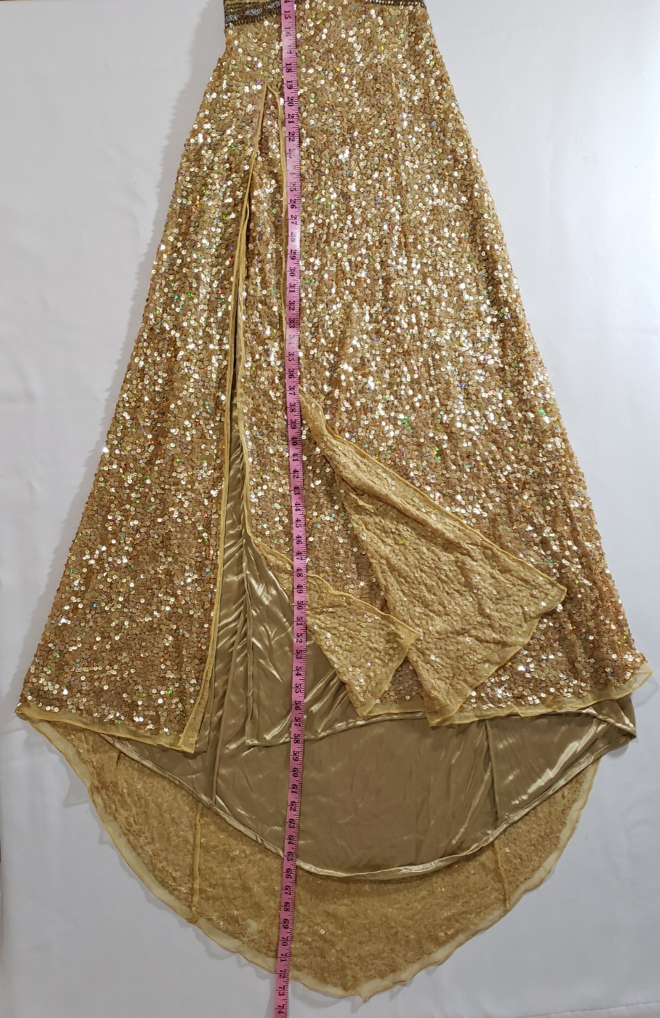 Vivace by Cassandra Stone Gold Sequin Long Dress size M Front Slit Sleeveless *