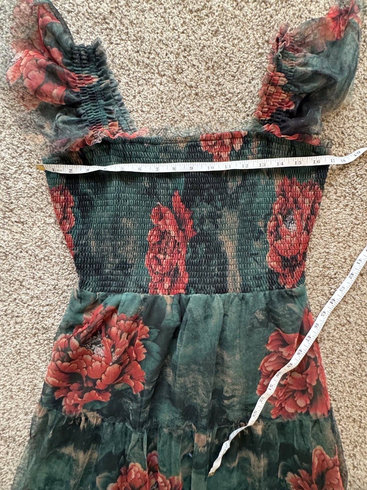 Baltic Born Green Floral Smocked Midi Dress L Tulle Puff Sleeve Cottagecore