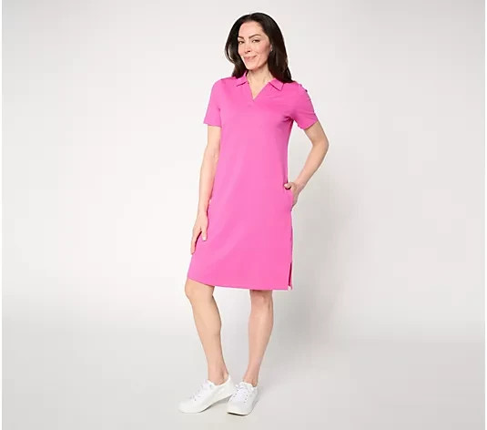 Denim & Co. Active French Terry Short Sleeve Collared Dress-Deep Pink-2X-A722404