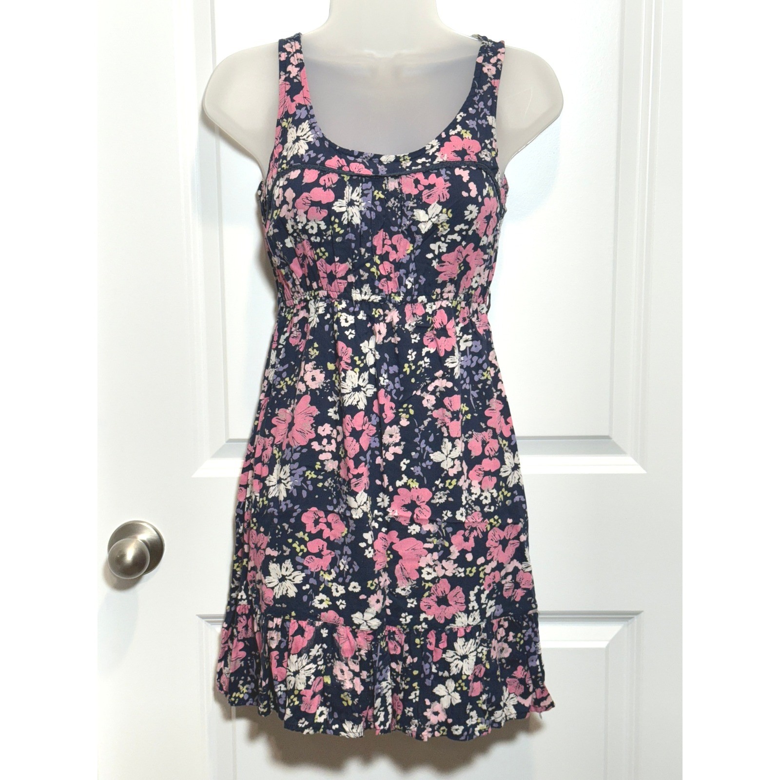 Decree Navy Floral Sleeveless Ruched Waist Tiered Dress XS Spring Flirty Summer
