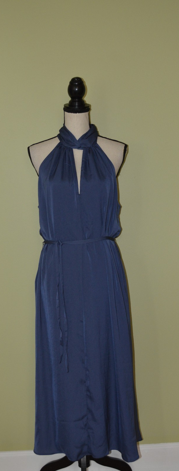 Banana Republic Navy Blue Silky High Neck Sleeveless Shift Belted Lined Sz Large