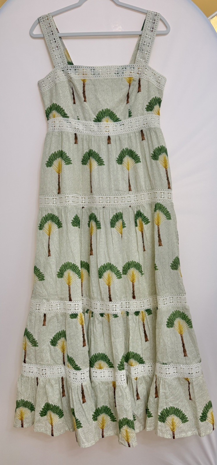 Calypso St Barth Summer Maxi Dress with Crocheted Tiered Smock Ruffle Tropical