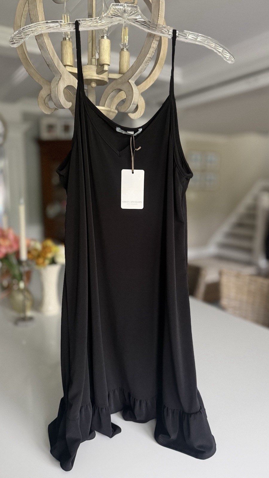 New! Green Envelope Black Tank Slip Dress Casual Stretch Knit Peplum Hem Large