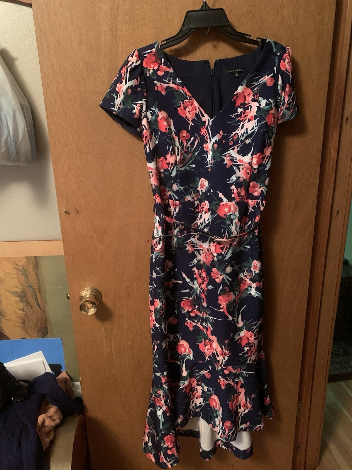 David Meister Cap Sleeve Belted Floral Print Stretch Lined Sheath Dress Size 10