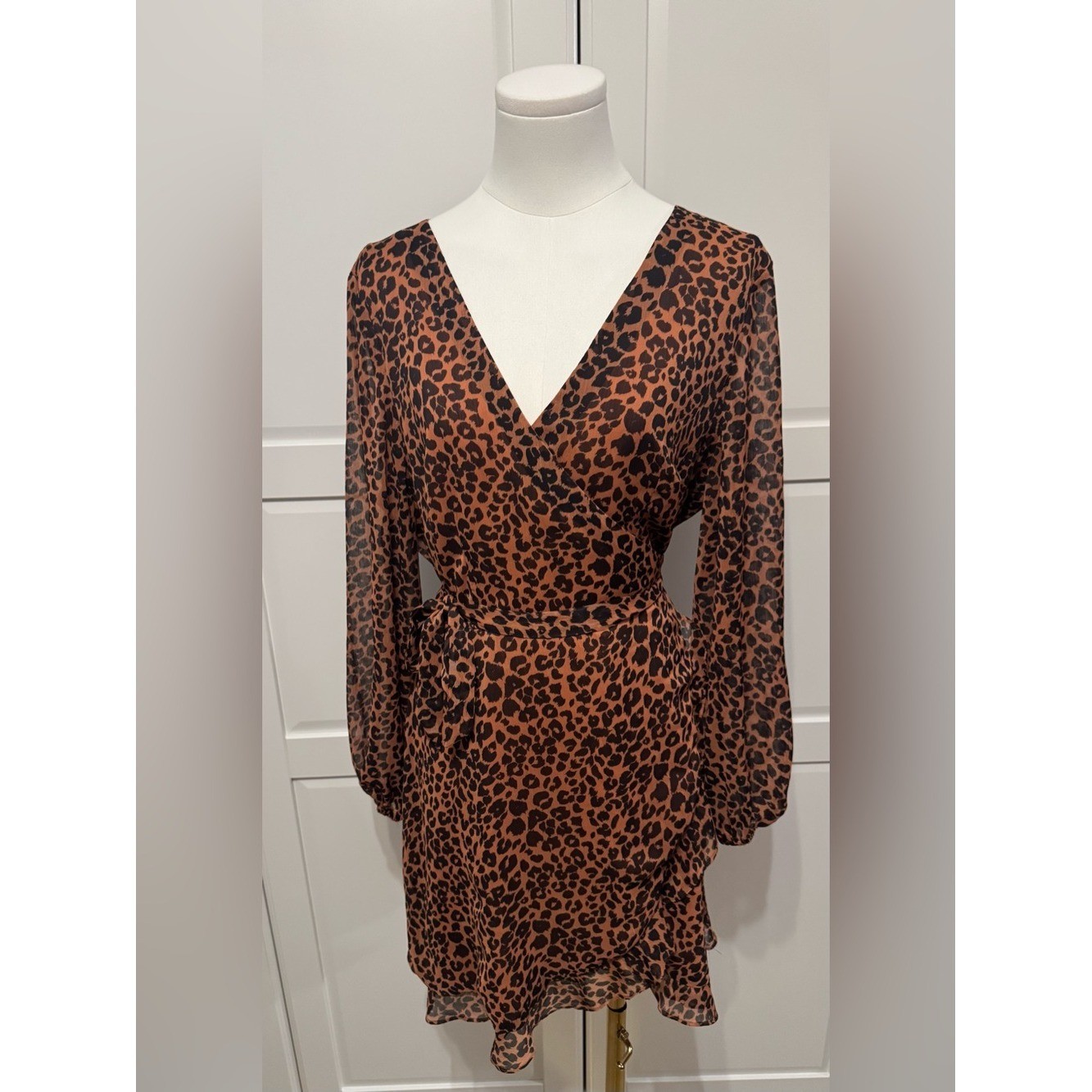 Gianni Bini Brown Leopard Print Wrap Long Elasticated Cuff Sleeve Mini Dress L