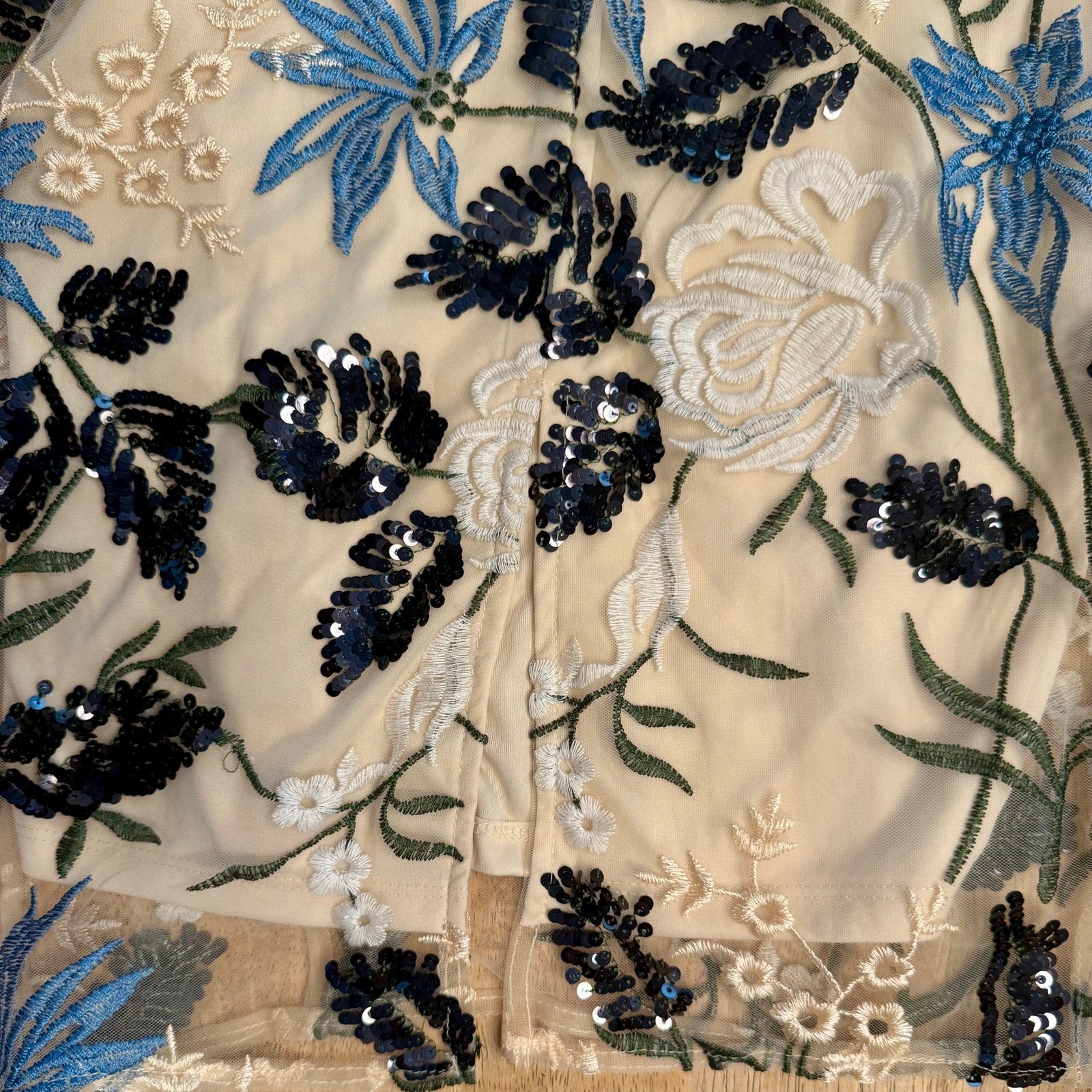 Lulus Embroidered Tulle Midi Dress S Beige Blue Black Floral Sequin Ruffle Strap