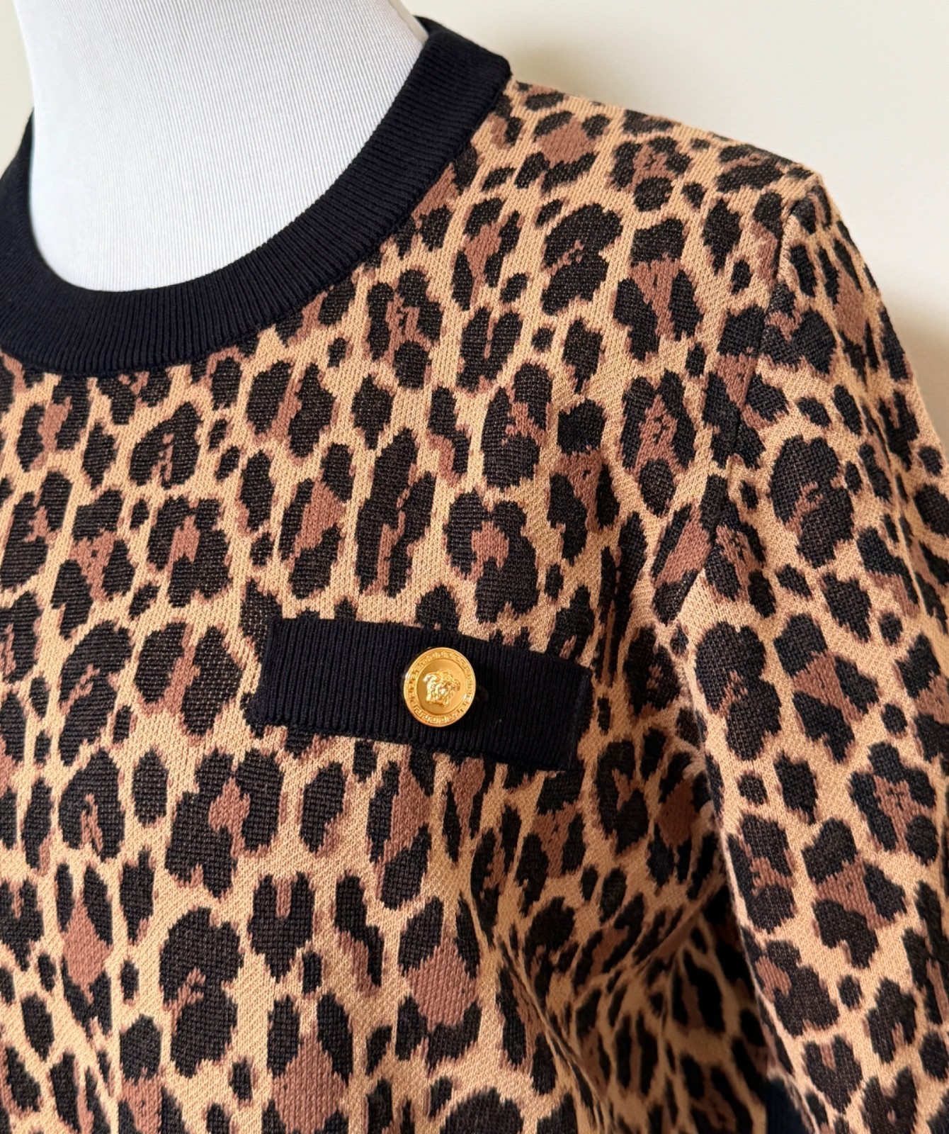 NWT Versace Medusa Logo Button Leopard Intarsia Print Knit Dress 46 US 10 $2950