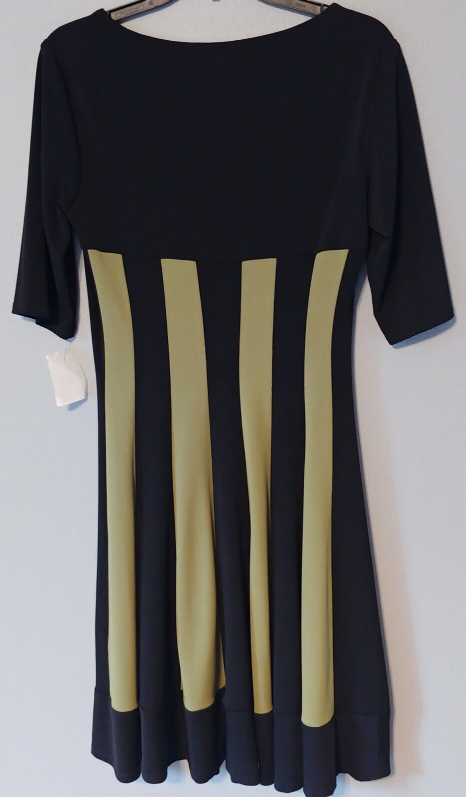 Connected Apparel Dress Womens 12 Black Olive Green Stripe Fit Flare Stretch NEW