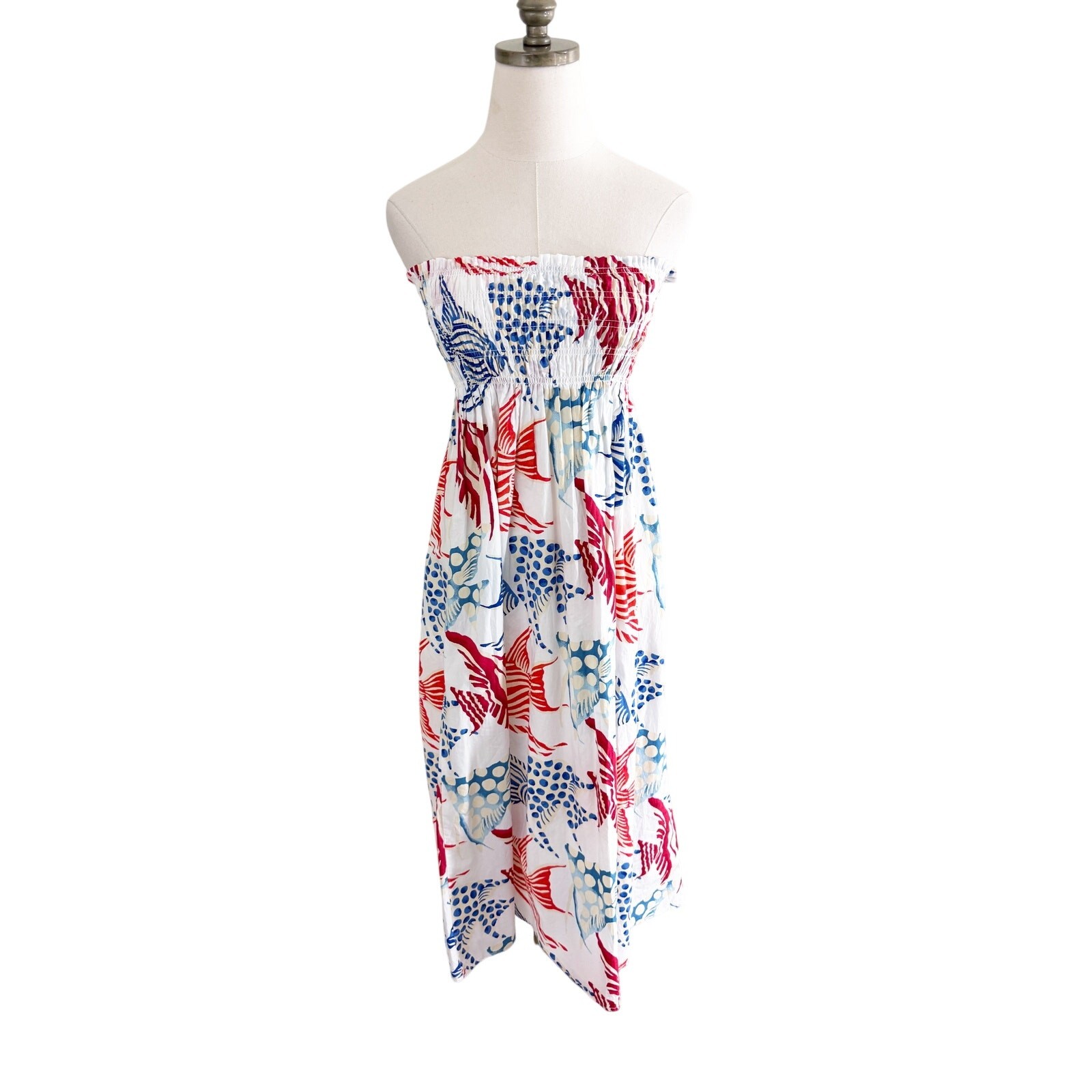 NWT LOFT White/Blue/Red Tropical Fish Print Maxi Strapless Dress Women’s Size S