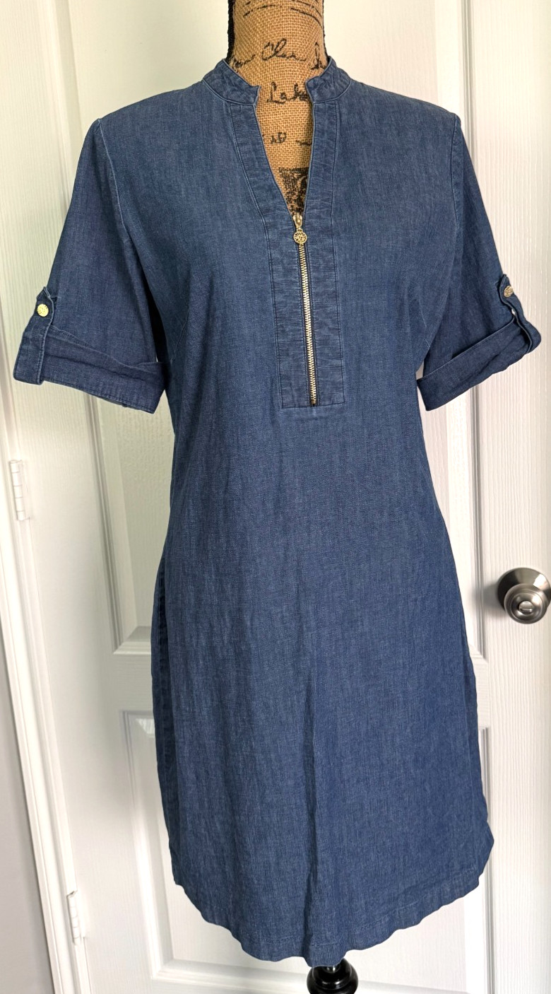Anne Klein Dress Short Cuffed Sleeve Denim Chambray 1/4 Zip V-Neck Cotton 10