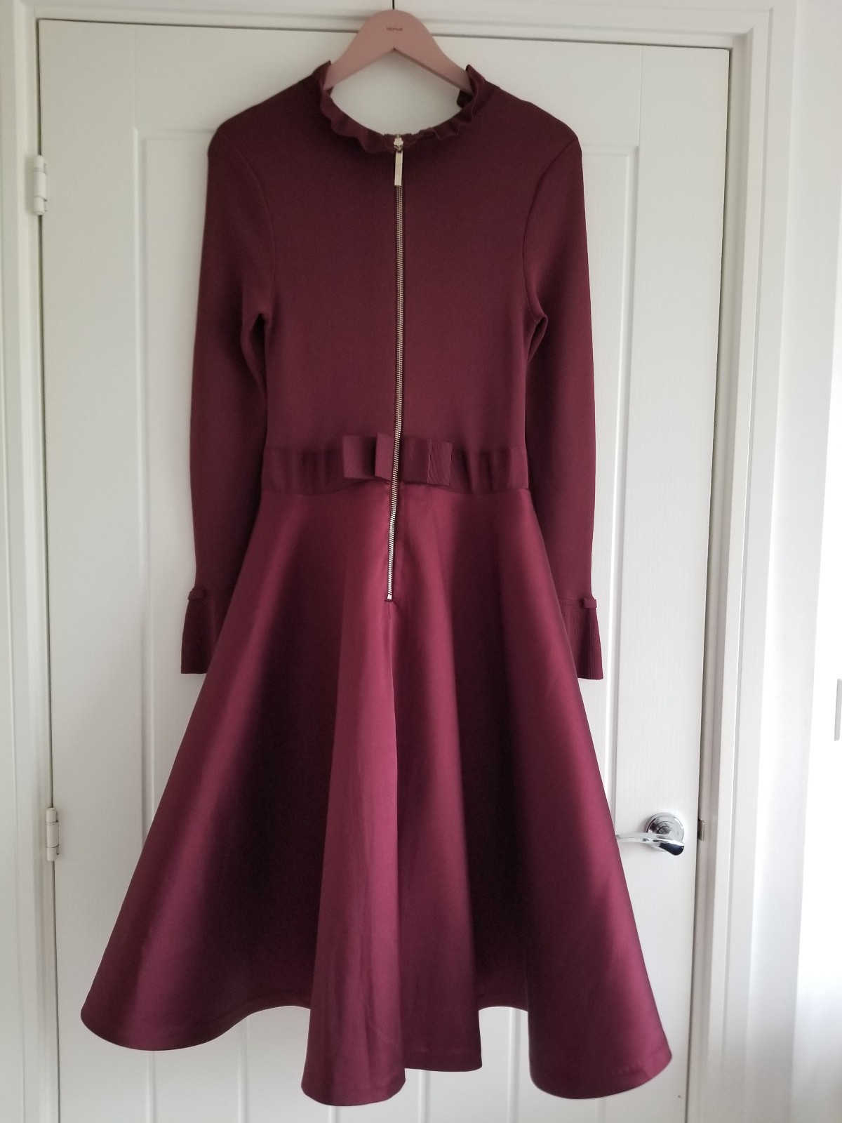 Ted Baker Zadi Midi Dress Knitted Bodice Burgundy Red Long Sleeve Size UK 12 / 3