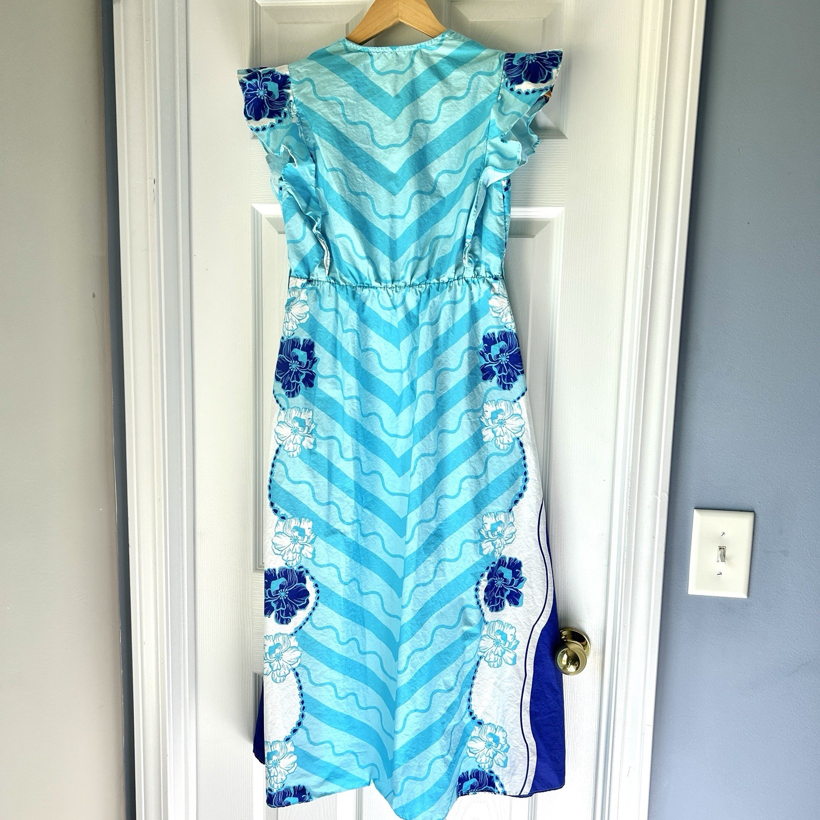Celina Moon Midi Blue Hawaiian Flower Dress Sz Small EUC Resortwear Travel