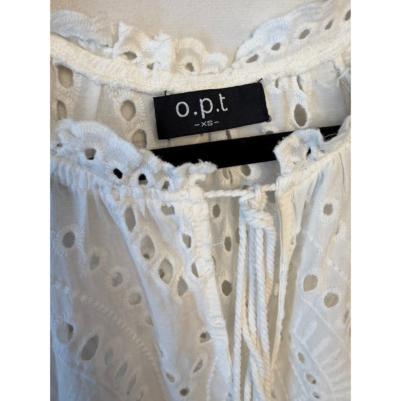 O.P.T. White Eyelet Cotton Tiered Midi Dress XS Boho Tassel Ruffle Puff Sleeve