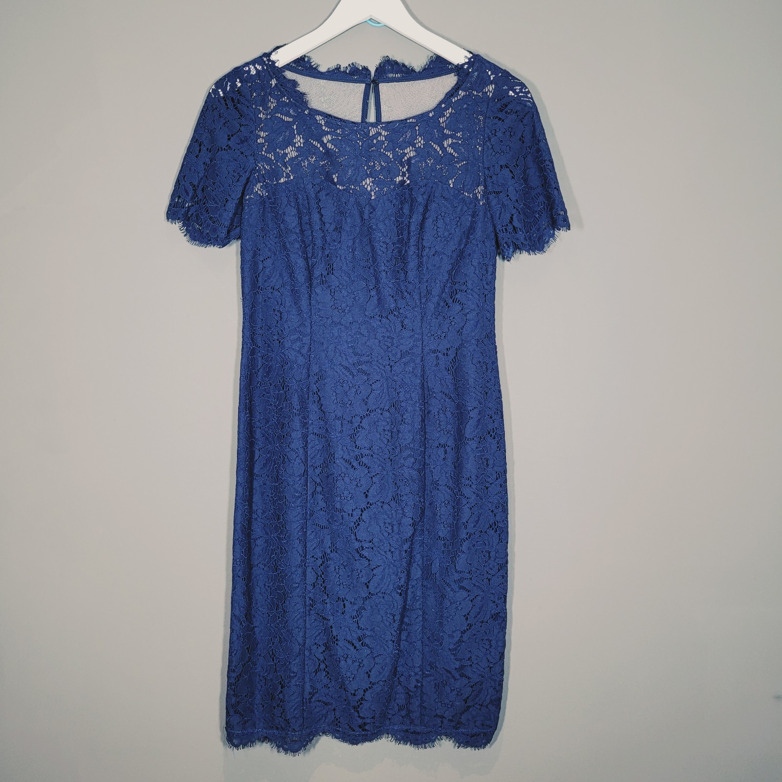 PRECIS PETITE DRESS SIZE 8 NAVY BLUE CROCHET LACE SHIFT MIDI PARTY OCCASION X300