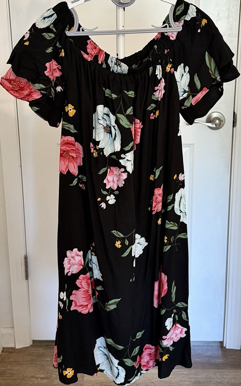 Old Navy Womens Black Floral Off Shoulder Short Sleeve Shift Knee Dress XS