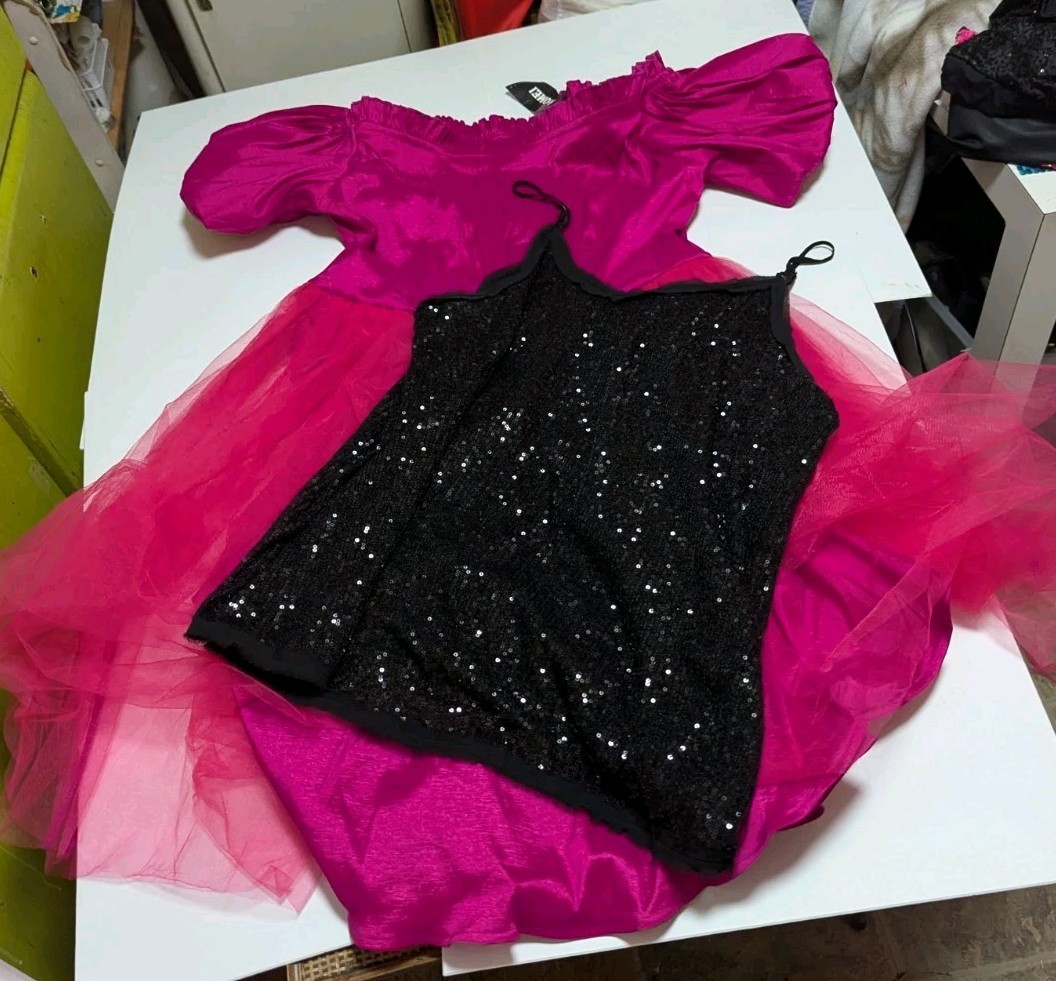 Aomei Pink Puffy Sleeves Dress Plus Size Dress Plus Black Sequin Camisole