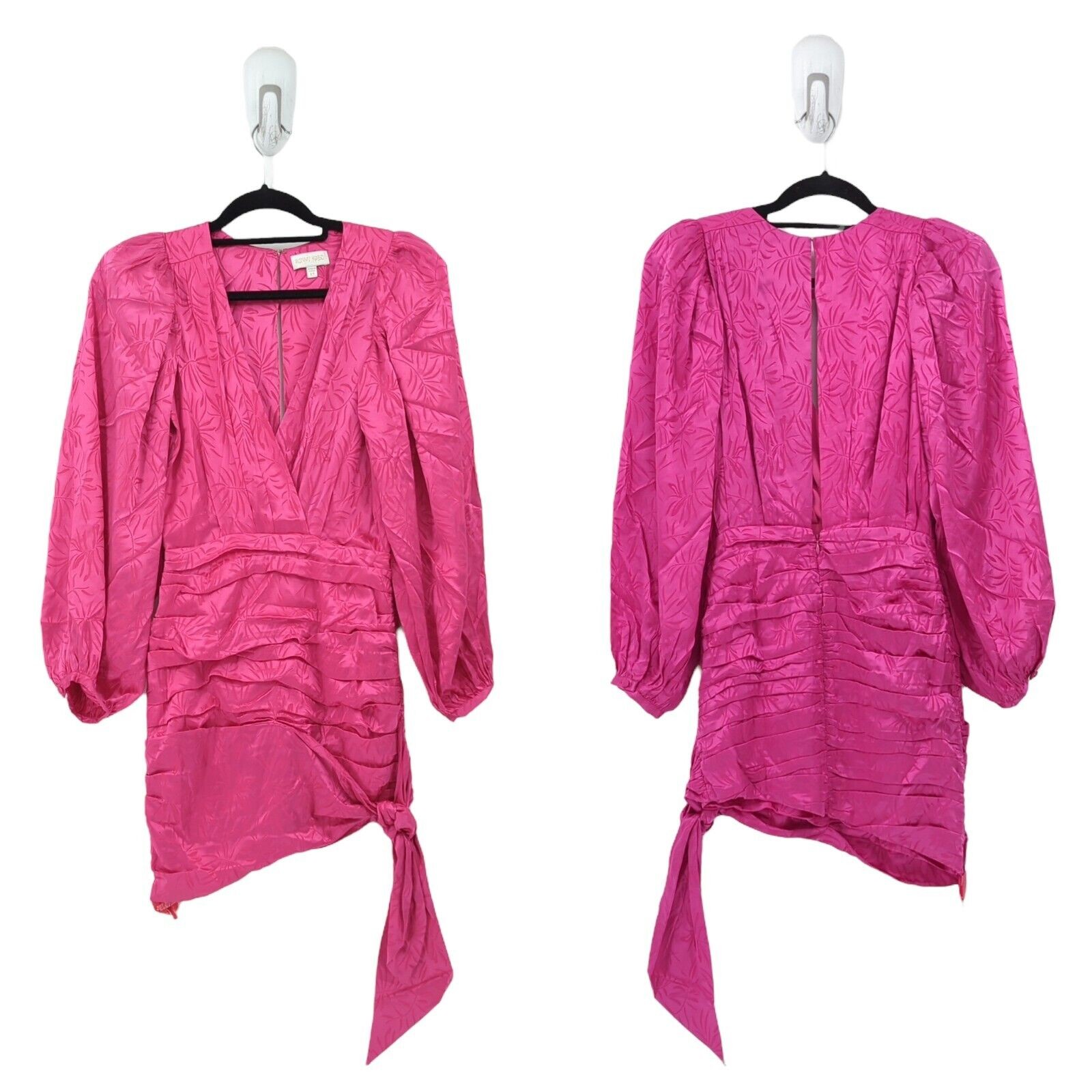RONNY KOBO Women XS Giorgia Dress Pink Silk Ruched Jacquard Long Sleeve V Neck