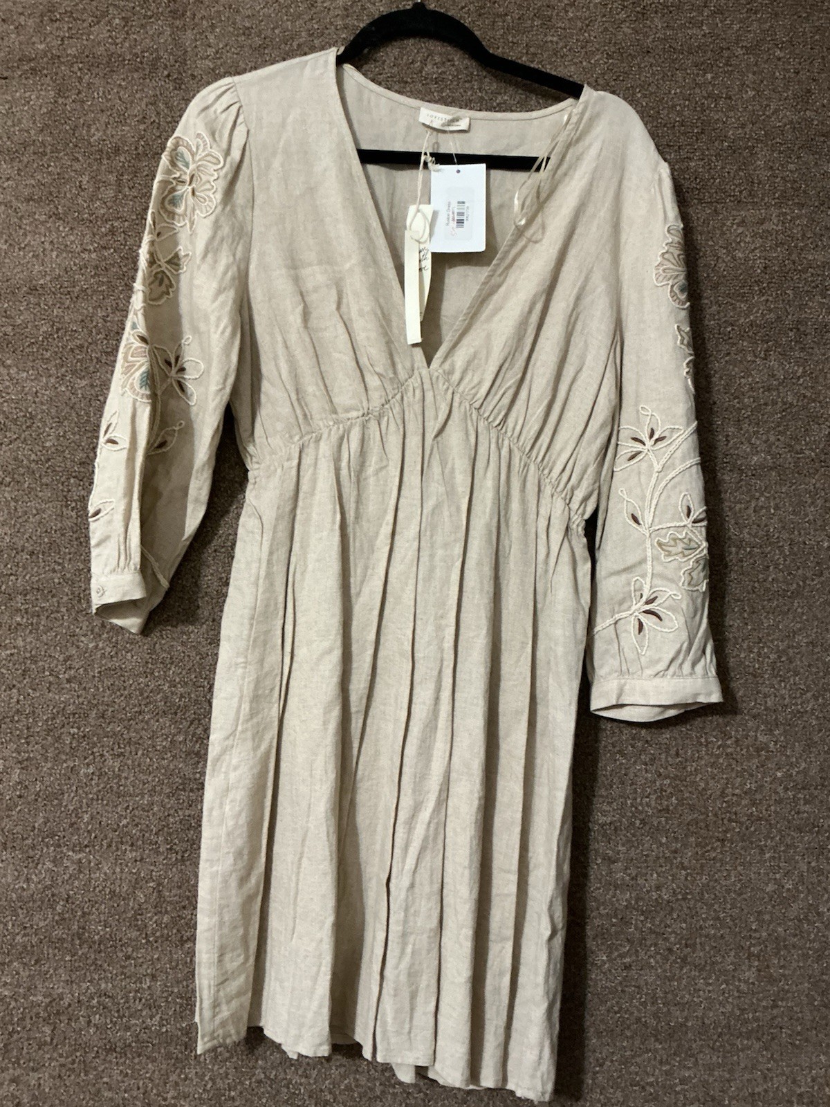 Lovestitch Dress NWT Ruston L Boho Embroidered Sleeves Fit Flare Oatmeal/cream