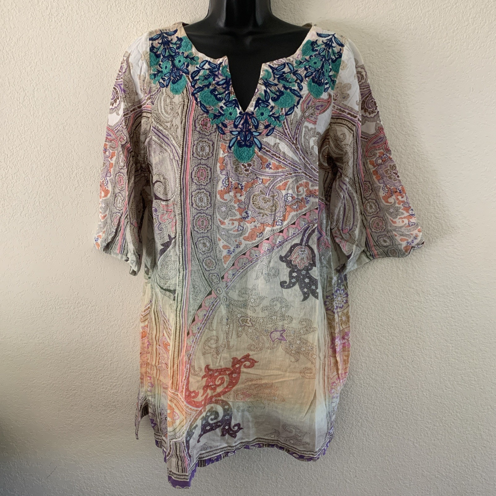 Sundance Catalog Murano Dreams Cotton Coverup Size Small Embroidered Notch Neck