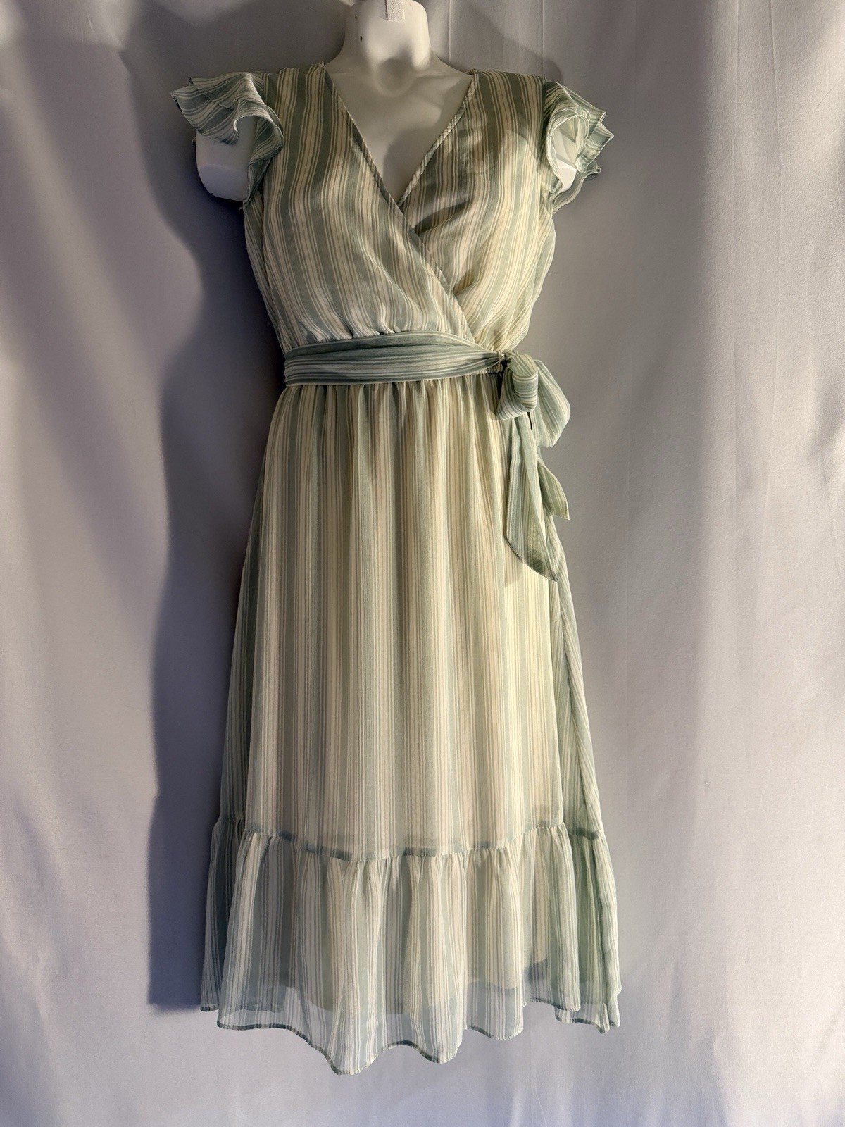 Lauren Conrad Sage Green Striped Midi Wrap Dress XS Flutter Sleeve Ruffle Hem
