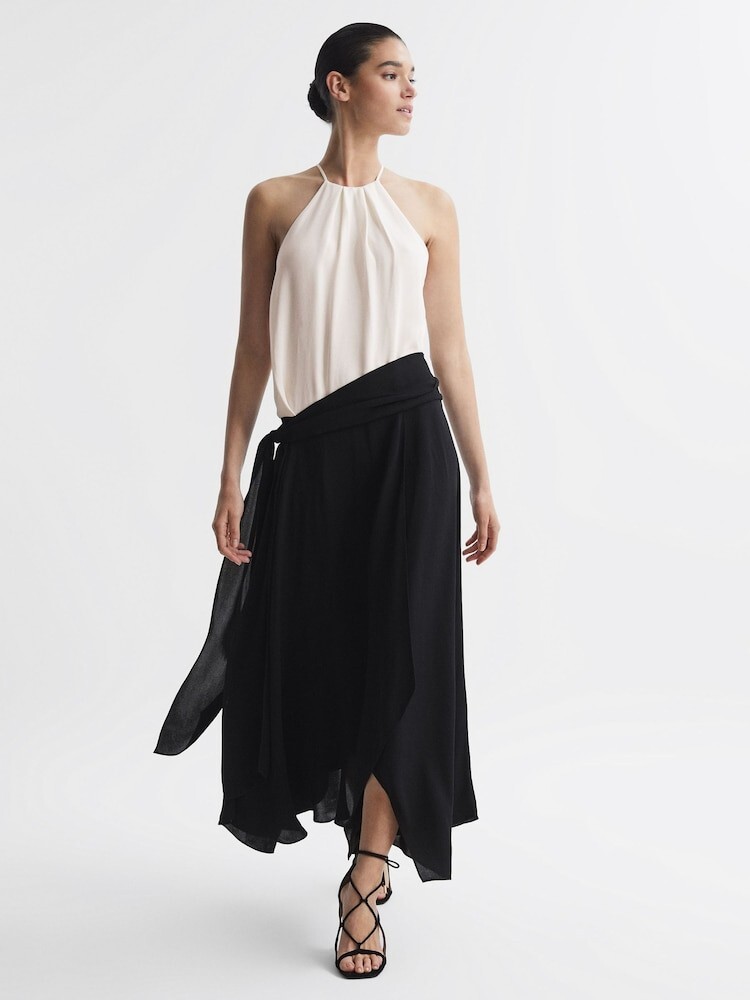 REISS Natalia Asymmetric Belted Wrap Midi Dress in Cream/Black UK Size 12