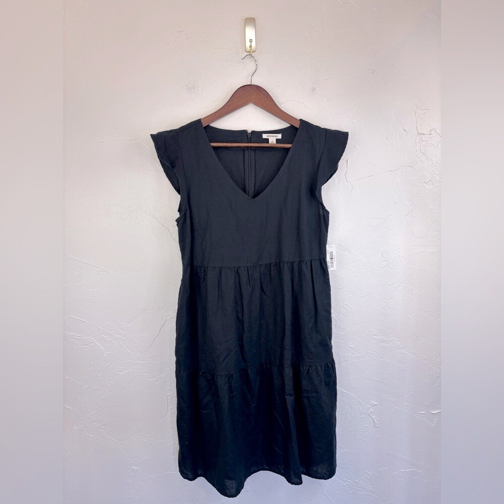 GOODTHREADS Linen Short Dress Black Mini Flutter Sleeve NEW V Neck Women’s Small