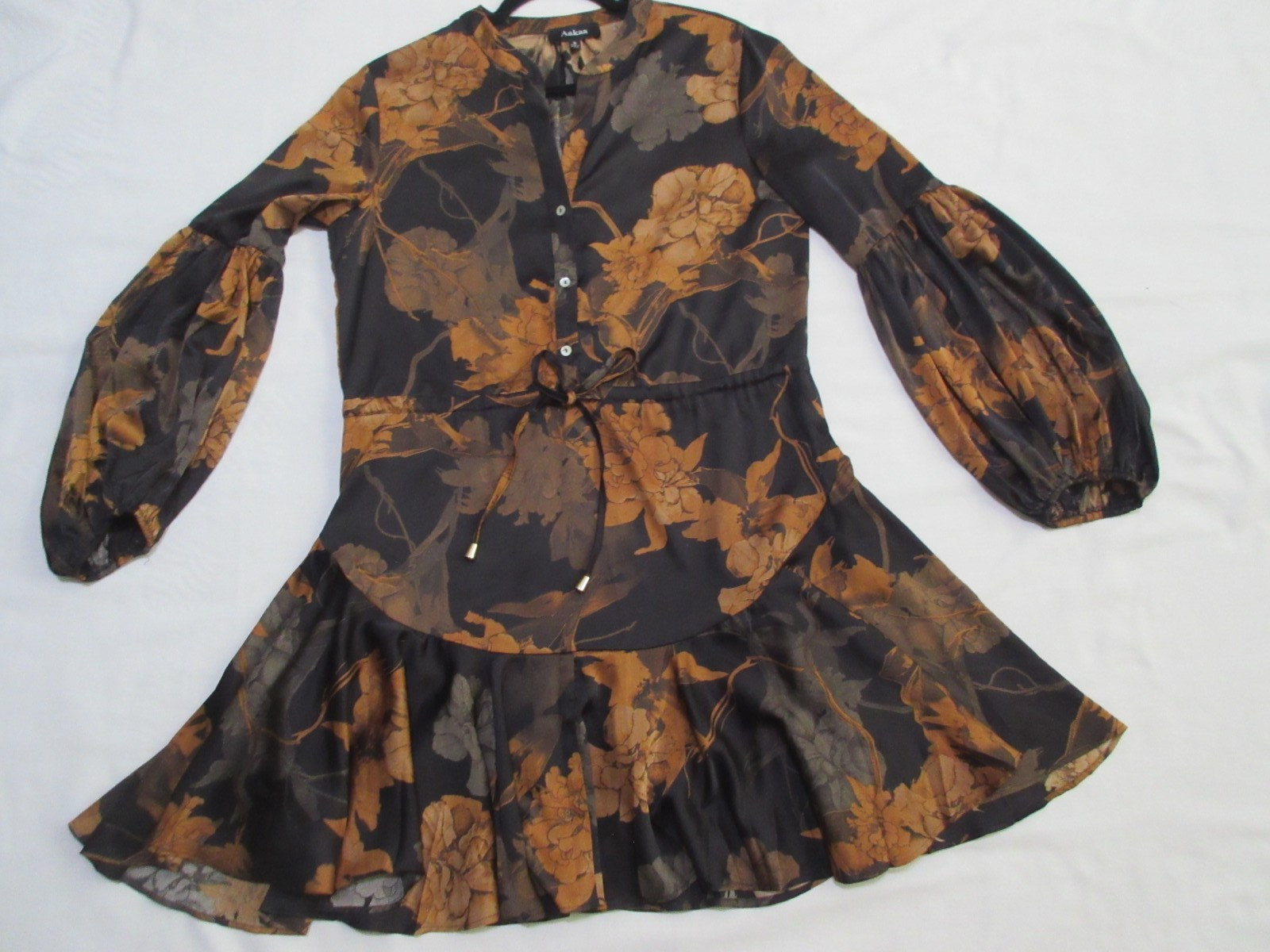Aakaa Gold, Brown & Black Floral Long Sleeve Baby Doll Ruffled Dress, Size Small