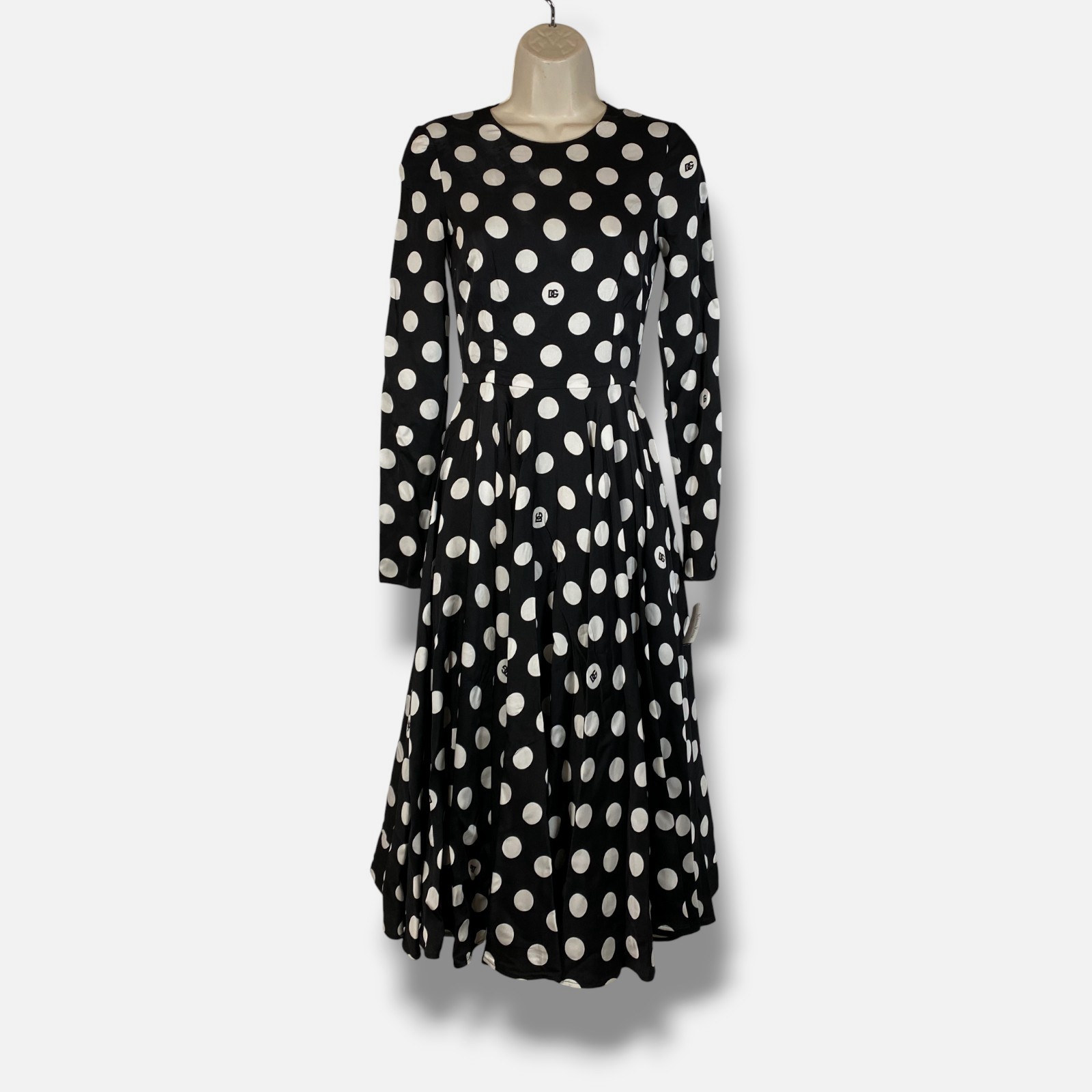 Dolce&Gabbana Italy Women’s Black Silk Logo Polka-Dot Long Sleeve Dress Size 36