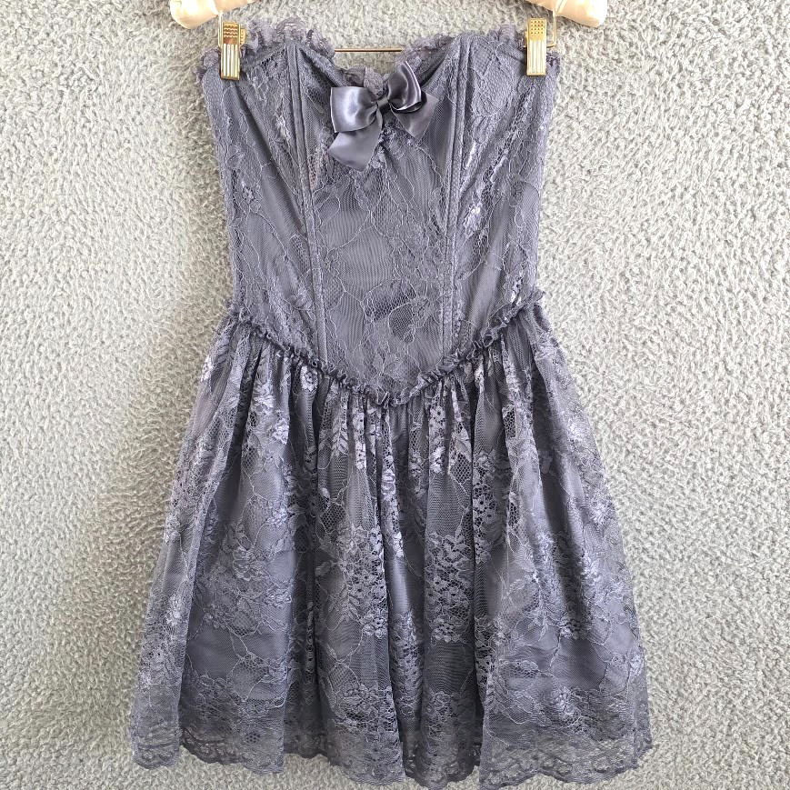 Dolls Kill Widow Corset Lace Mini Dress Small Gray Nylon Fit and Flare Ruffled