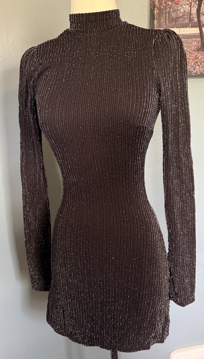 Francesca’s XS Black Metallic Ribbed Mock Neck Mini Dress Puff Sleeve NWT