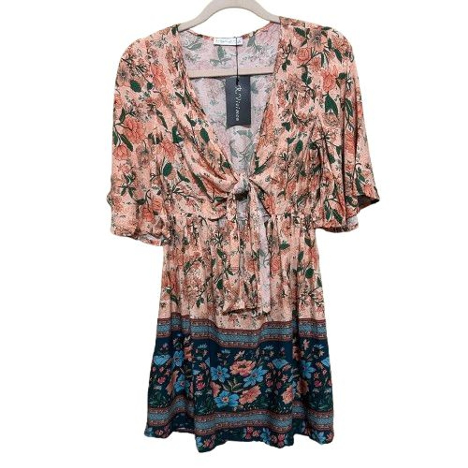 NWT R. Vivimos Floral Tie Front Cut Out Mini Dress Womens Small 4/6 Boho Cottage